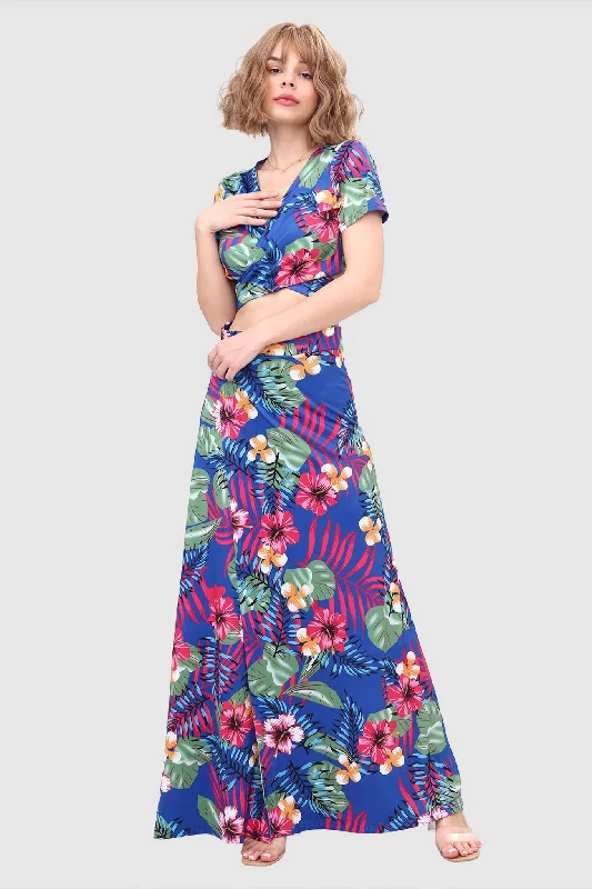TastyHottie - V-neck Tied Back Leaf Print Two-piece Dress