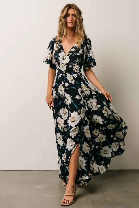 Verona Smocked Maxi Dress | Navy + White Floral Classic V-Neck Maxi Dress