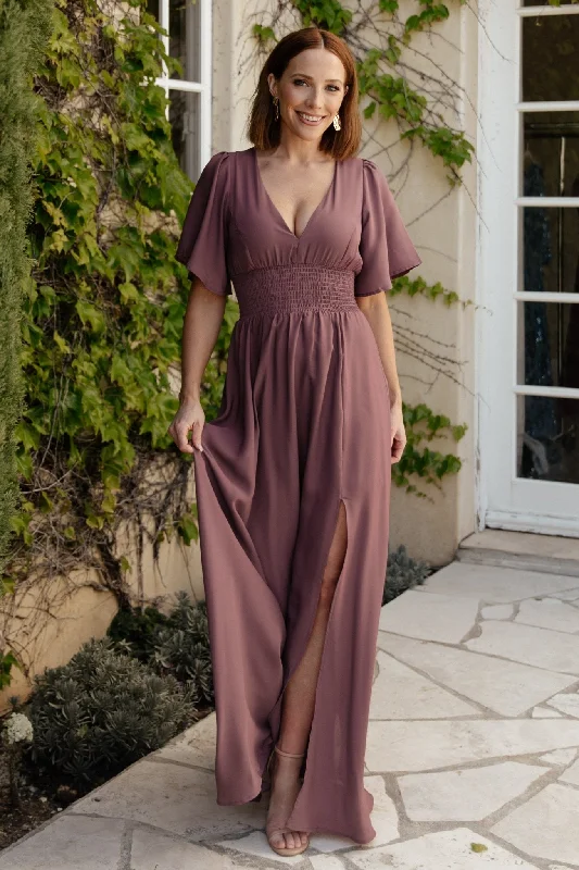 Verona Smocked Maxi Dress | Vintage Plum Classic V-Neck Maxi Dress