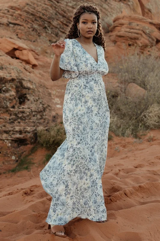 Verona Smocked Maxi Dress | White + Blue Print Cozy Ruffle Sleeve Maxi Dress