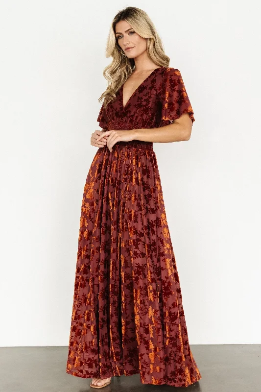 Veronica Velvet Maxi Dress | Rust Elegant Maxi Dress with Belt