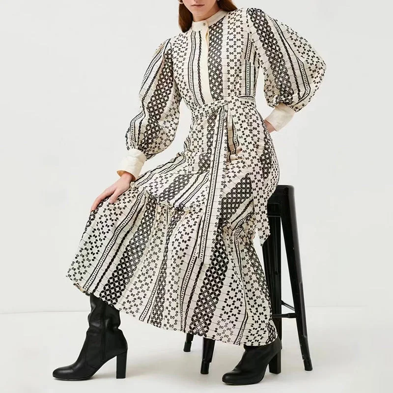 Vestidos Casuales Printed Embroidered Dress 2022 Autumn Stand Collar Long-sleeved Color Matching Tie Ruffle Women's Dress
