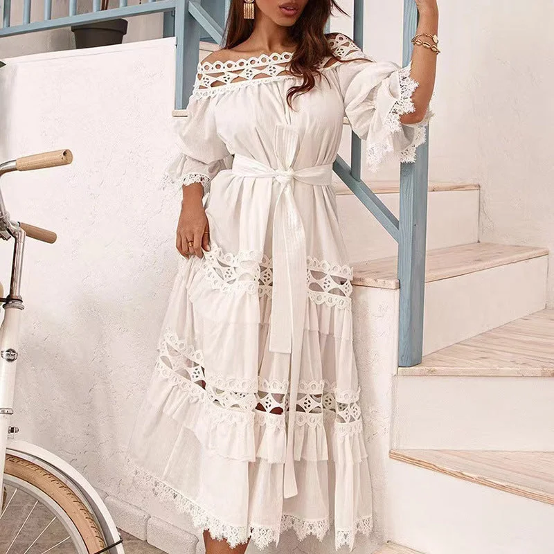 Vestidos Mujer Style Lace Dress 2022 Autumn New Style One-word Collar Hollow Hook Flower Lace Ruffle Dresses