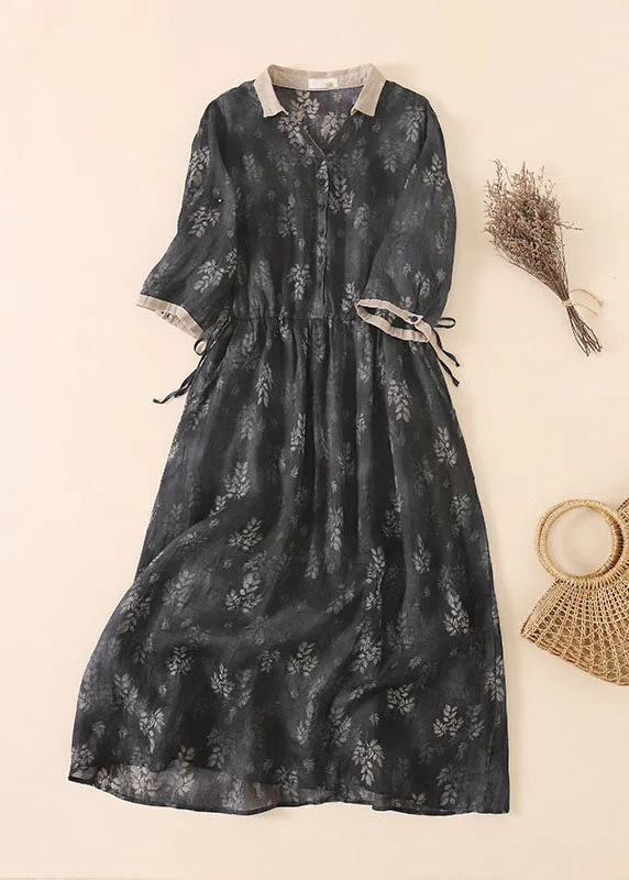 Vintage Black Grey Peter Pan Collar Drawstring Print Linen Holiday Dress Half Sleeve