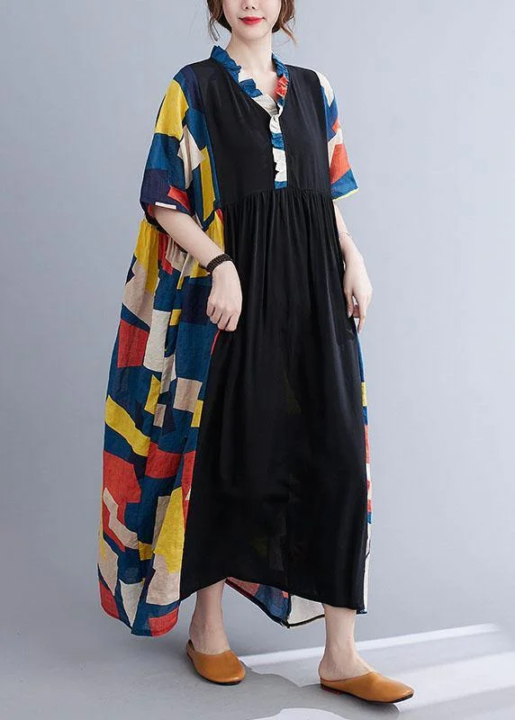 Vintage Black Loose Ruffles Pockets Patchwork Summer Dress Half Sleeve
