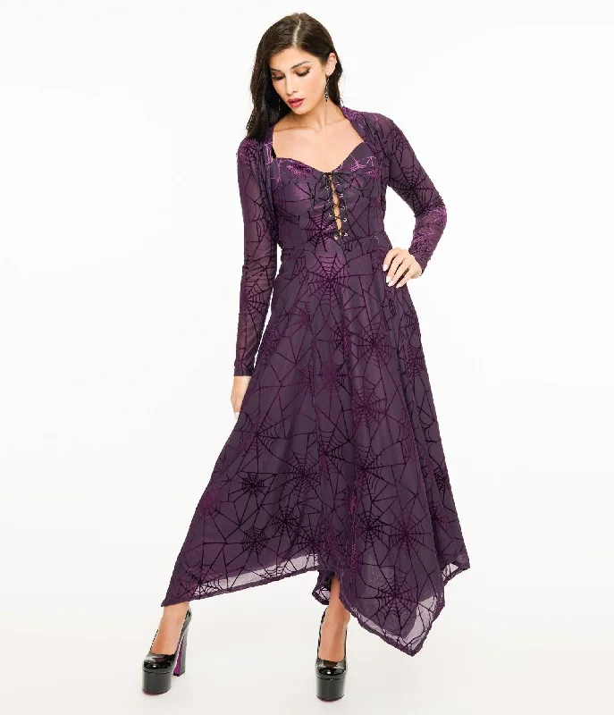 Wax Poetic Purple & Black Spiderweb Willow Maxi Dress & Bolero Set Stylish Boho Maxi Dress