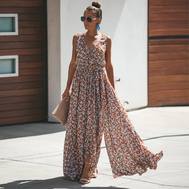 Amy Fashion - New Fashion Floral Print Maxi Dresses Comfortable Fit-and-Flare Maxi Dress