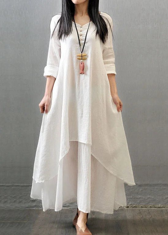 Women Long Sleeve Double Layers Button Asymmetric Vintage Maxi Dress Fashionable Chiffon Tiered Maxi Dress