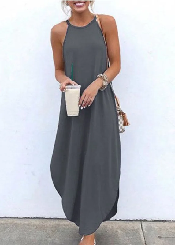 Women Sleeveless Straps High Low Hem Solid Causal Maxi Dress Elegant Maxi Dress with Pockets