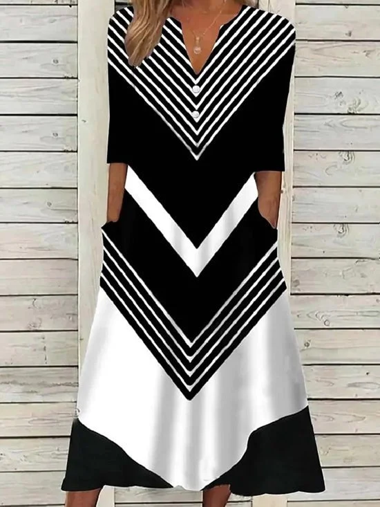 Printed V-Neck Mid Sleeve Pocket Dress