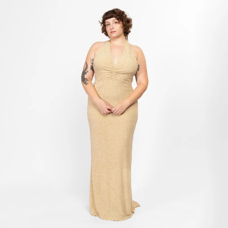 XL 90s Slinky Gold Sparkle Low Back Halter Gown Size 16
