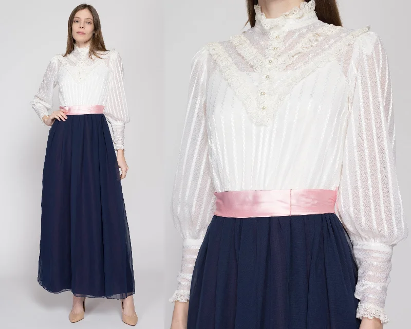 XS 60s 70s Victorian White & Navy Blue Hostess Dress