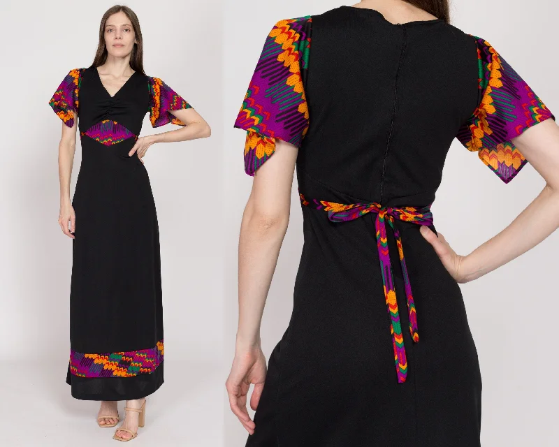 XS 70s Black Psychedelic Flutter Sleeve Maxi Dress Cozy Maxi Dress with Slit