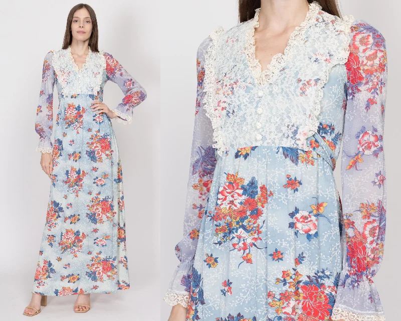 XS 70s Boho Blue Floral Cloudy Sky Maxi Dress Trendy Satin Maxi Dress