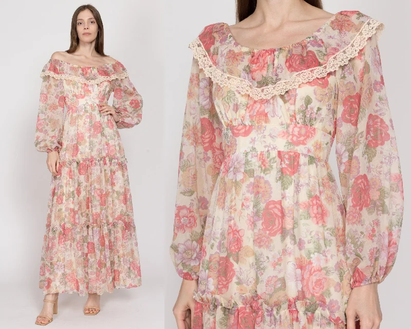 XS 70s Boho Pink Floral Off-Shoulder Peasant Maxi Dress Cozy Ribbed Maxi Dress