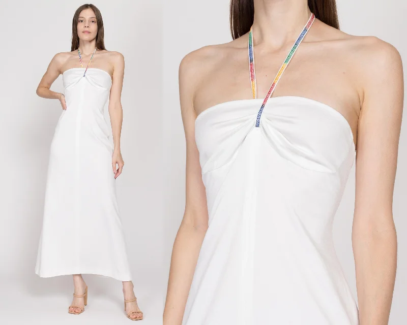 XS-Sm 70s White Rainbow Trim Halter Maxi Dress Cozy Maxi Dress with Slit