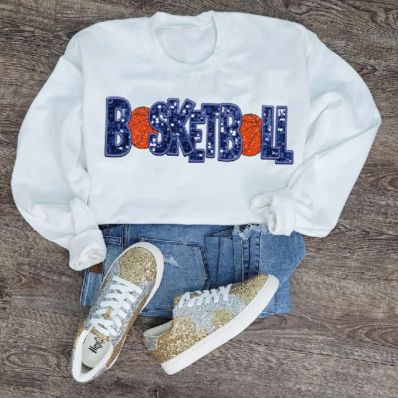 Hazel Blues® |  Basketball Faux Chenille Sequin Patches Sweatshirt: Navy Hoodie with Hem Fringe Bohemian Relaxed