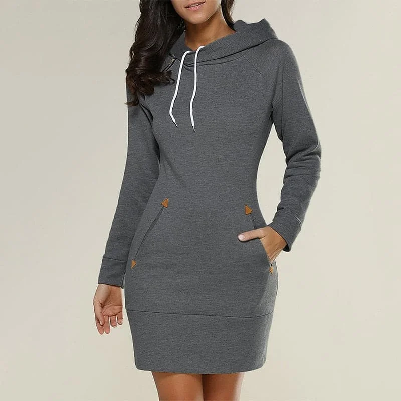 Spring Ladies Knee-Length Dress Hooded Warm Sweatshirt Hoodie with Patch Decorative Personalized