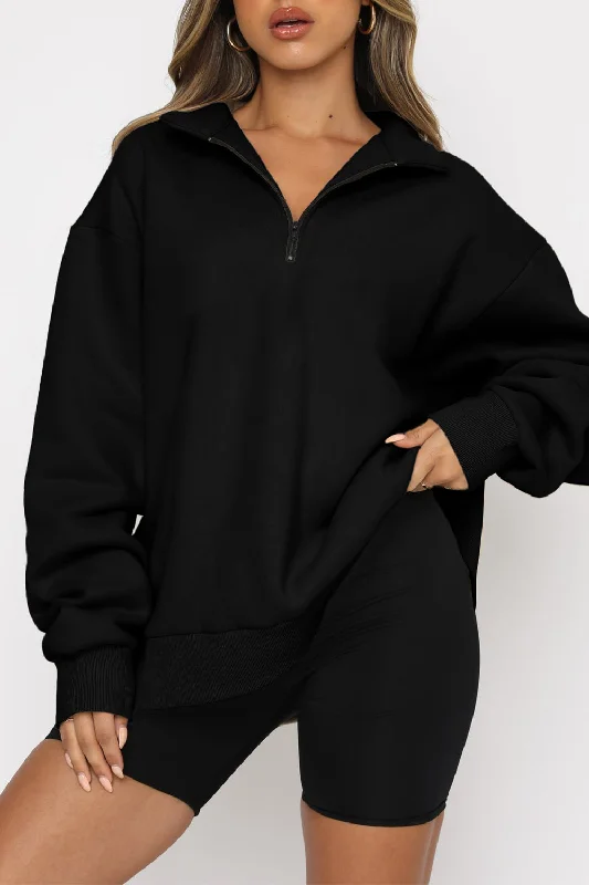 Black Quarter Zip Up Oversized Sweatshirt Hoodie Dress Longline Feminine