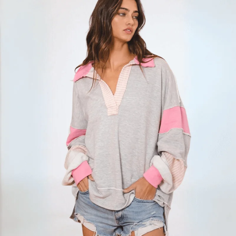 Bucket List Favorite Oversized Sweatshirt in Grey/Pink Made in USA Hoodie with Print Artistic Unique