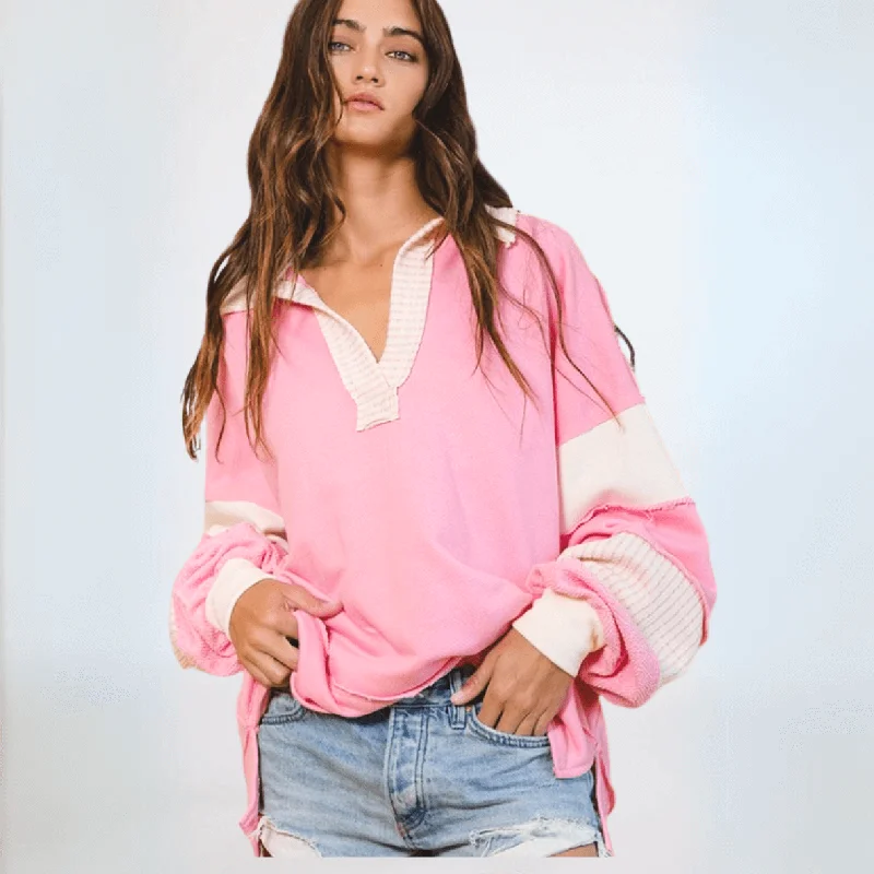 Bucket List Favorite Oversized Sweatshirt in Pink/Cream Made in USA Hoodie with Ribbed Cuffs Snug Fit Comfort