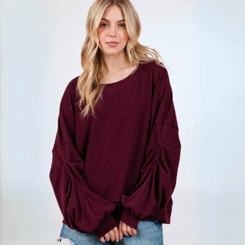 Cabernet Red Sweatshirt with Sleeve Gathering  Made in USA Hoodie with Raw Hem Edgy Unfinished