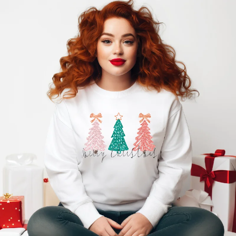 Hazel Blues® |  Christmas Trees Faux Glitter Graphic Sweatshirt Hoodie with Ribbed Cuffs Snug Fit Comfort