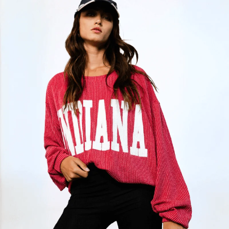 Graphic "INDIANA" Oversized Sweatshirt Made in USA Hoodie with Stripes Bold Sporty