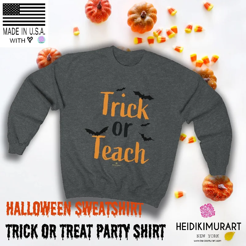 Fun Trick or Teach Bats Print Unisex Crewneck Sweatshirt For Teachers -Made in USA Hoodie with Tie-Dye Psychedelic Retro