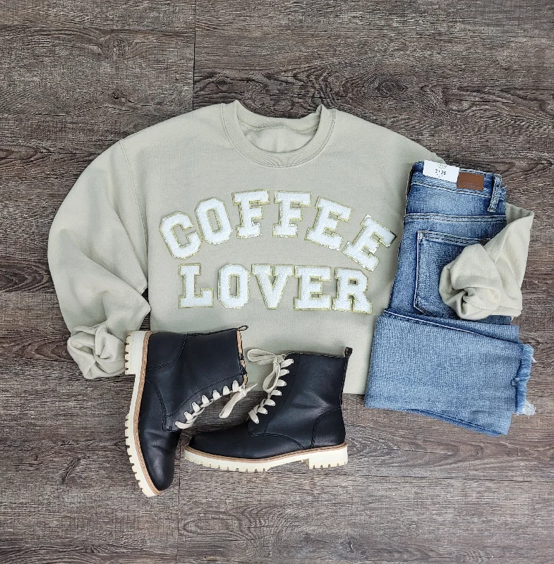 Hazel Blues® |  Coffee Lover Chenille Patch Sweatshirt Hoodie with Color Block Contrast Stylish