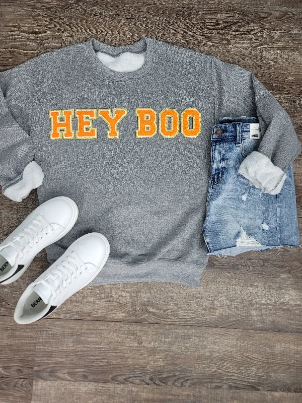 Hazel Blues® |  Hey Boo Chenille Patch Sweatshirt Hoodie with Distressed Vintage Worn