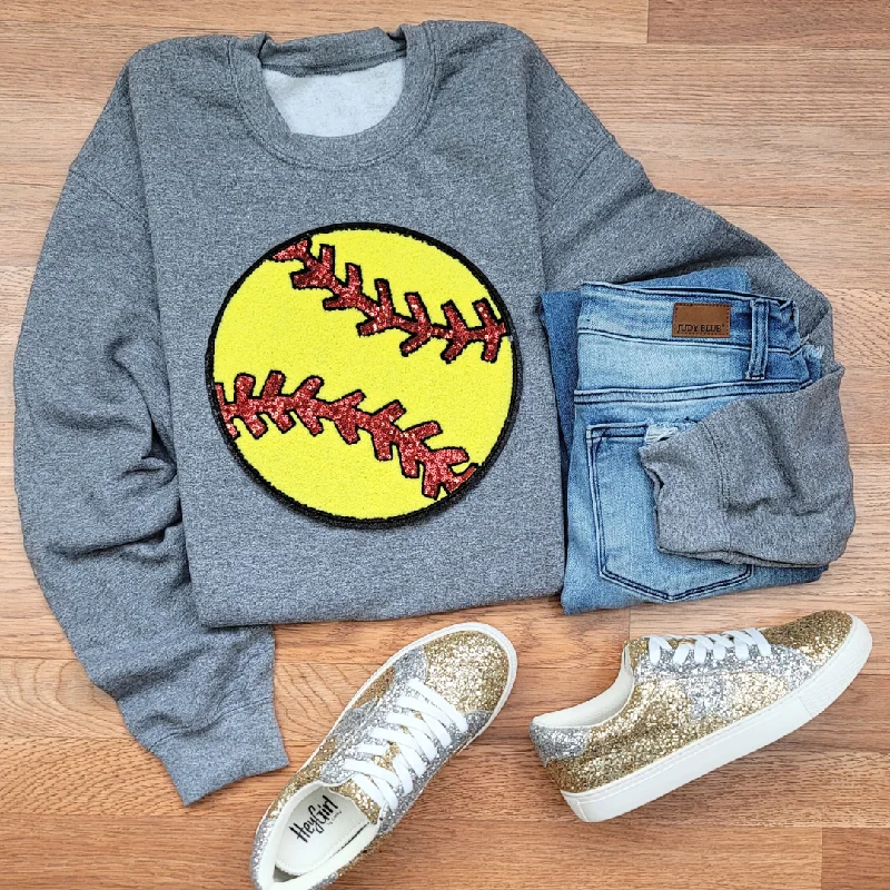 Hazel Blues® |  Large Softball Chenille Patch Sweatshirt Hoodie with Distressed Vintage Worn