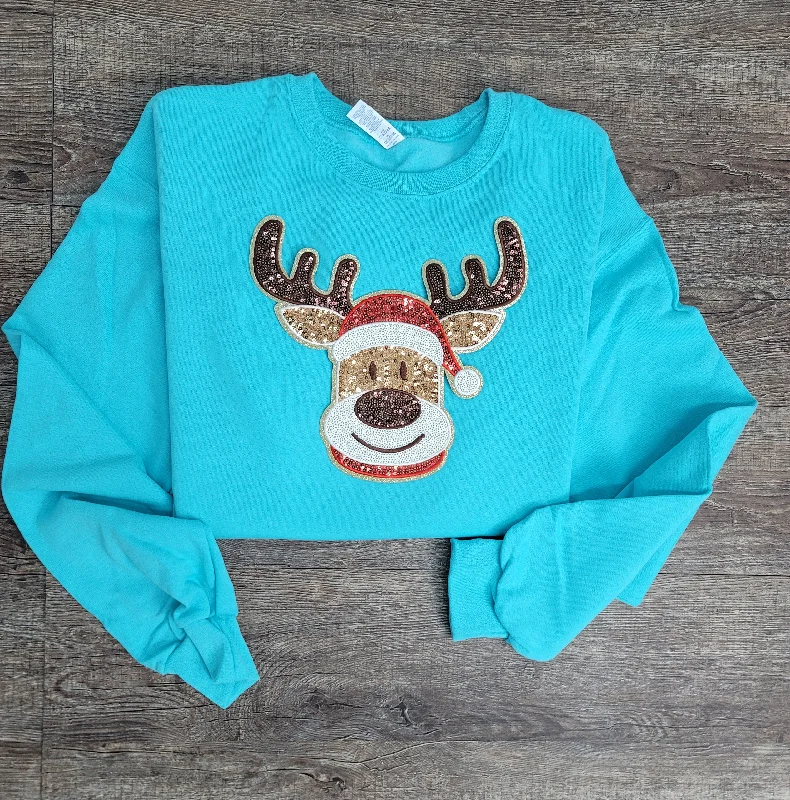 Hazel Blues® |  Reindeer Sequin Patch Sweatshirt Hoodie with Hem Applique Textured Unique