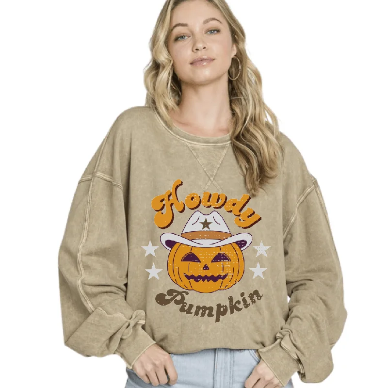 Howdy Pumpkin GRAPHIC Oversized Cotton Sweatshirt Made in USA Hoodie with Stripes Bold Sporty