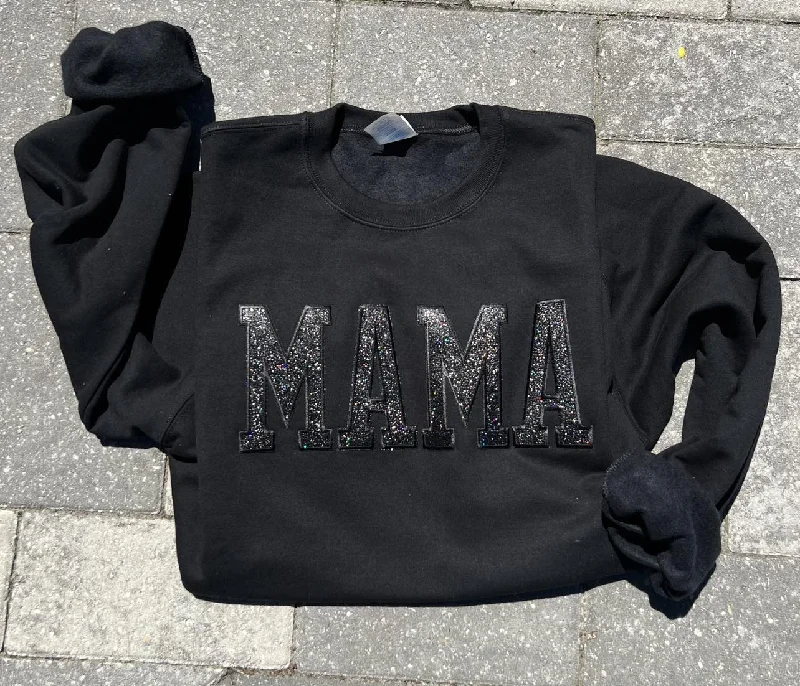 Hazel Blues® |  MAMA GLITTER EMBROIDERED PATCHES SWEATSHIRT Hoodie with Ribbed Cuffs Snug Fit Comfort