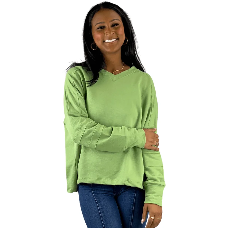 Mint Green V-Neck Cotton Sweatshirt Made in USA Hoodie with Rolled Sleeves Casual Relaxed