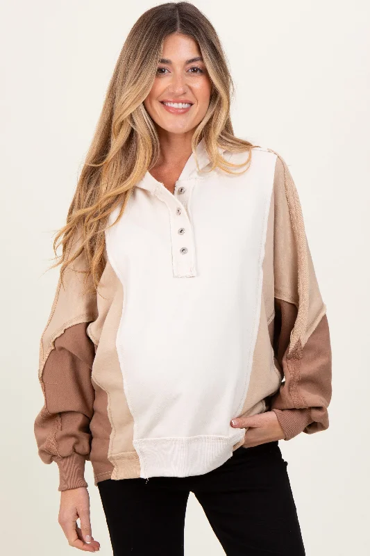 Mocha Colorblock Dolman Sleeve Maternity Hoodie Hoodie with Side Slits Relaxed Casual