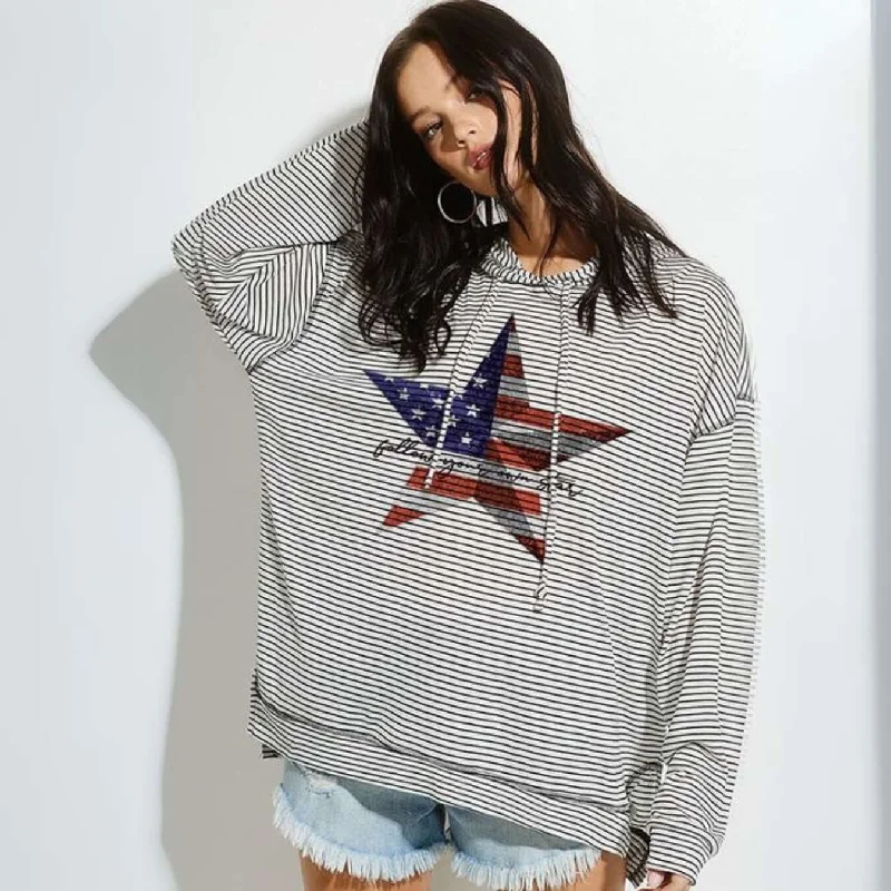 Patriotic Star Graphic Lightweight Hoodie Made in USA Hoodie with Stripes Bold Sporty