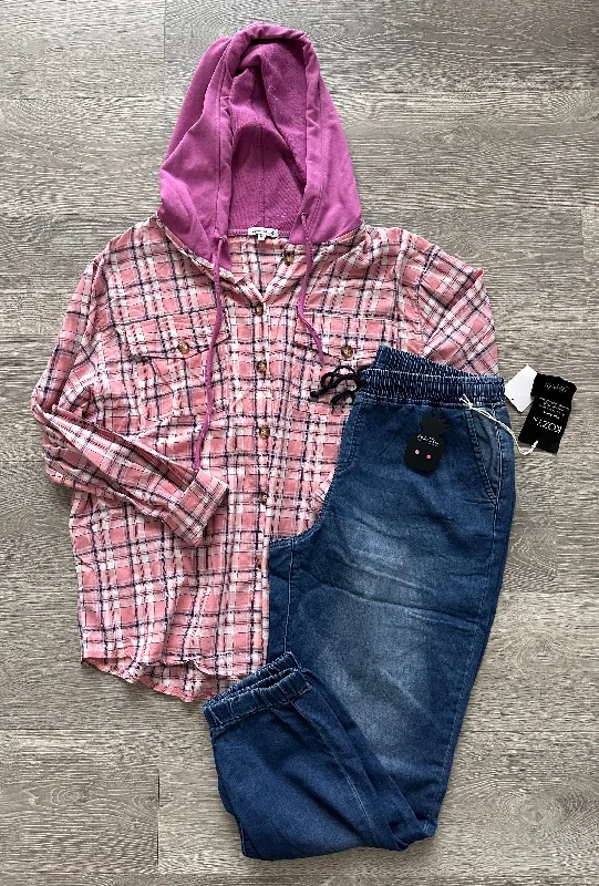 Pink Hooded Flannel Hoodie with Drawcord Adjustable Secure