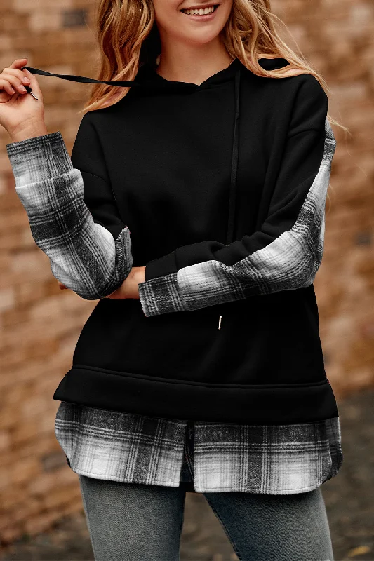 Color Block Plaid Patchwork Hooded Sweatshirt Hoodie with Stripes Bold Sporty