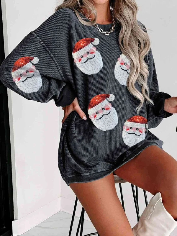 Hazel Blues® |  Sequin Santa Patch Ribbed Sweatshirt Hoodie with Longline Fit Extended Stylish