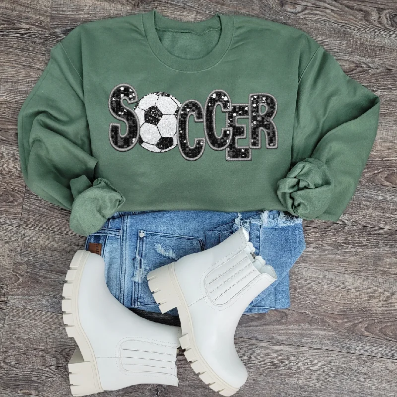 Hazel Blues® |  Soccer Faux Chenille Sequin Patches Sweatshirt: Black Hoodie with Back Slit Movement Comfort