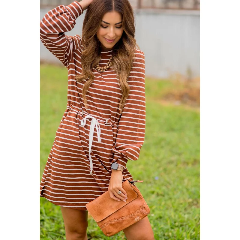 Stripe Tie Waist Pocket Sweatshirt Dress Hoodie Dress Longline Feminine