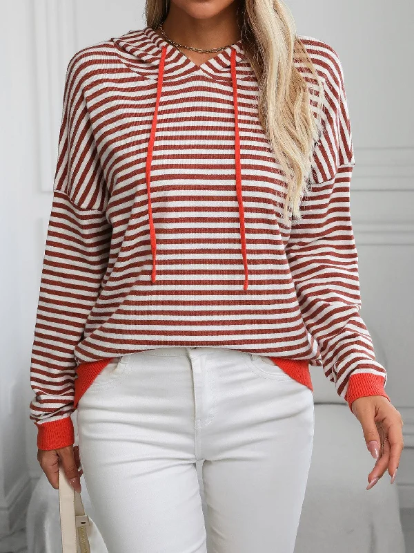 Striped Hooded Knit Top in 6 Colors Hoodie with Button Placket Classic Preppy