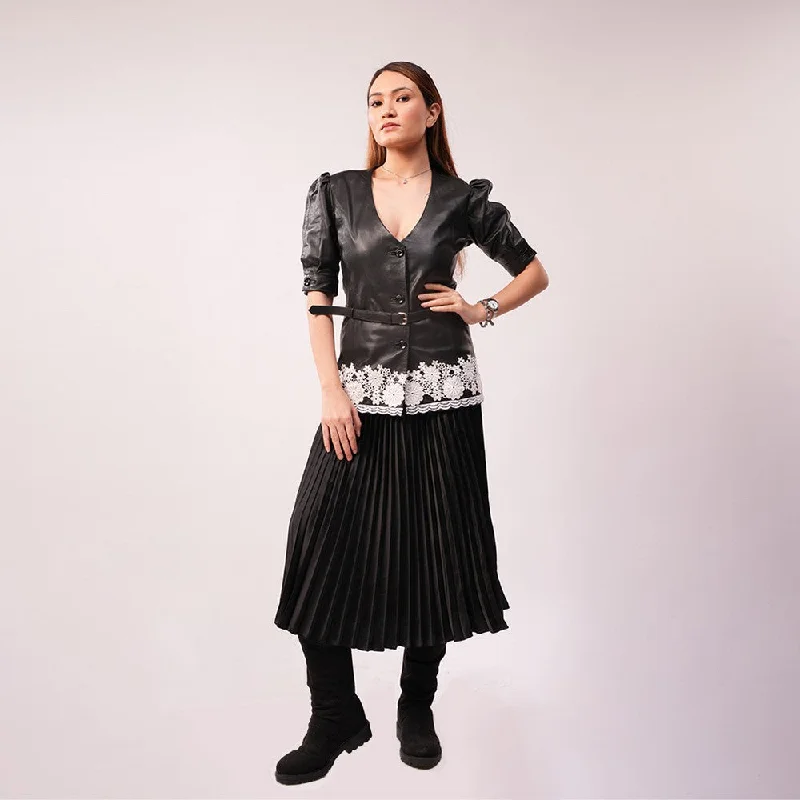 90 feet Zeenat Lacy Leather Black Jacket for Women One-Shoulder Jacket Off-the-Shoulder Jacket Asymmetrical Jacket