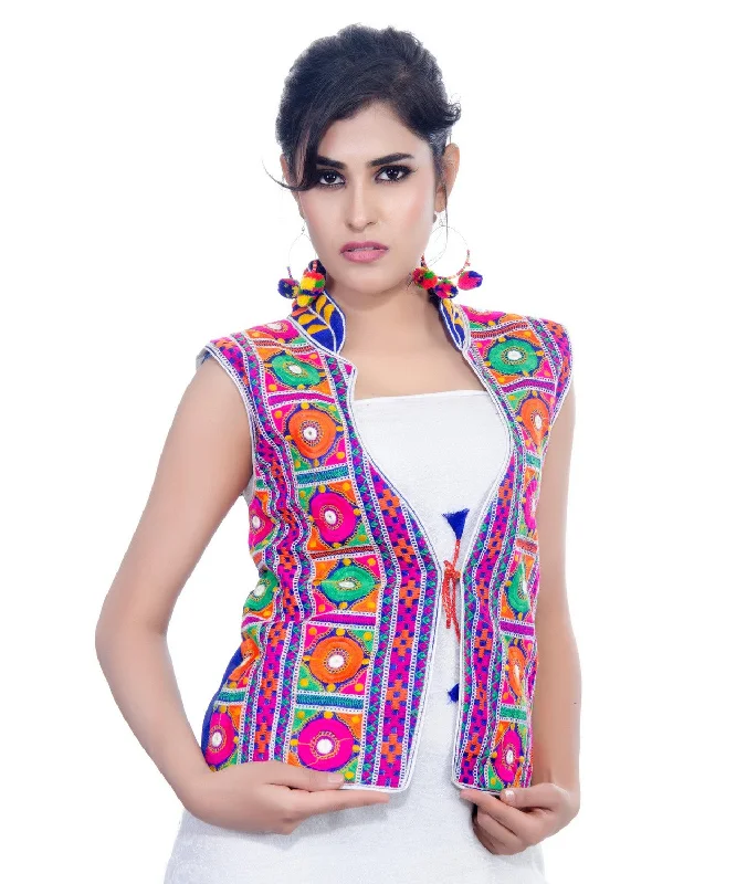 Dupion Silk Kutchi Embroidered Waist Length Jacket/Koti/Shrug (Bharchak) - MJK-BHK04 Striped Jacket Polka Dot Jacket Floral Jacket