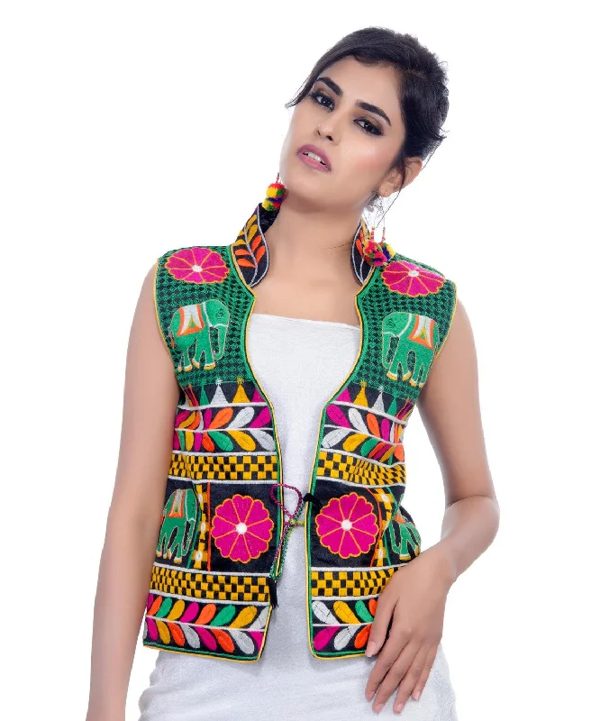 Dupion Silk Kutchi Embroidered Waist Length Jacket/Koti/Shrug (Haathi) - MJK-HTH01 Welt Pockets Slit Pockets Flap Pockets