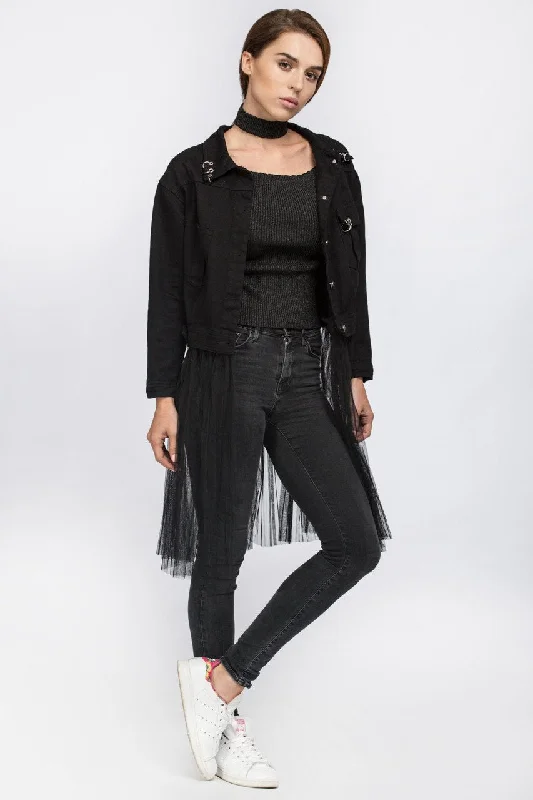 Fatma Husam - Black Two Piece Denim Jacket with Removable Mesh Striped Jacket Polka Dot Jacket Floral Jacket