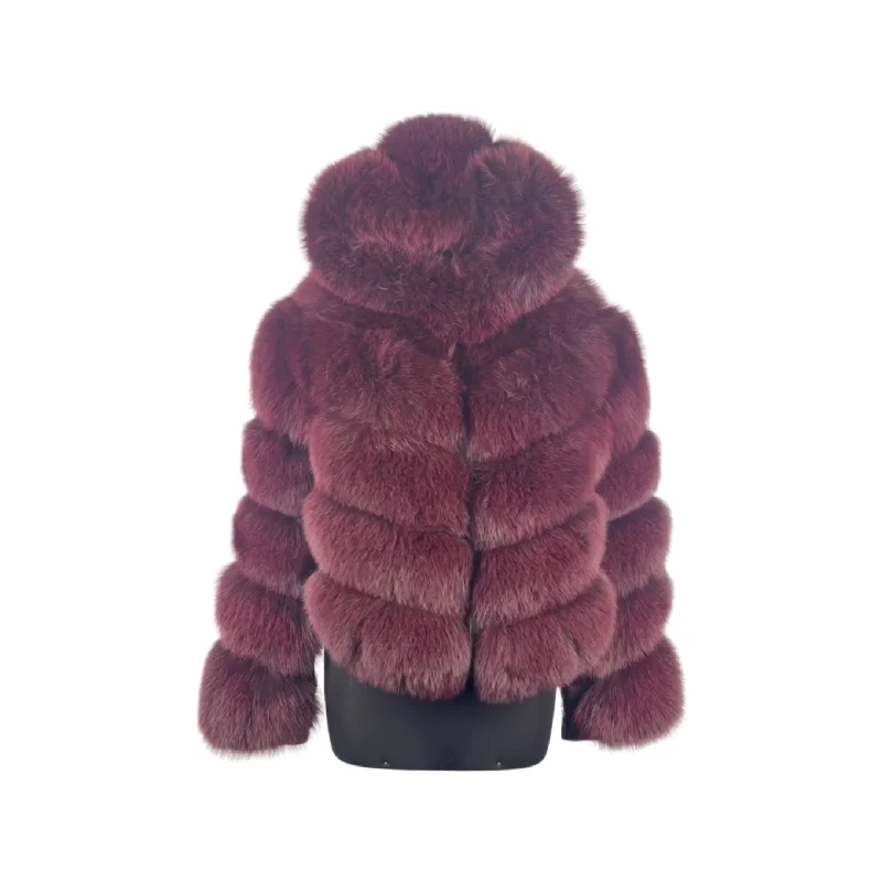 Burgundy 3 in 1  Women Fox Fur Jacket with detachable sleeves and hood Lace Jacket Ribbed Jacket Sequined Jacket