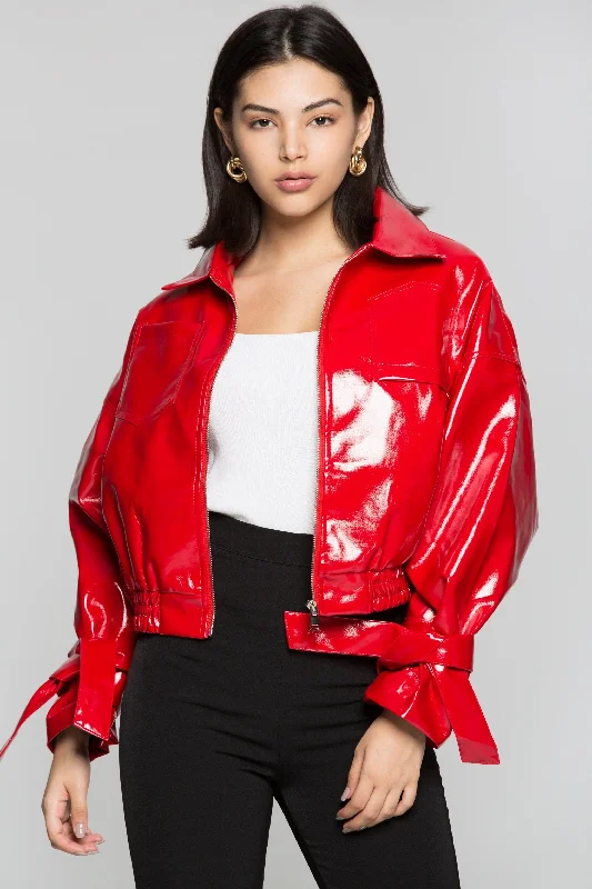 Candy Red Zip Up Faux Leather Jacket Zip Front Button Front Snap Front